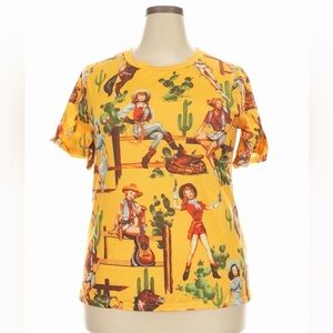 Yellow Cowgirl Pinup Print Short Sleeve T-Shirt Size 2X